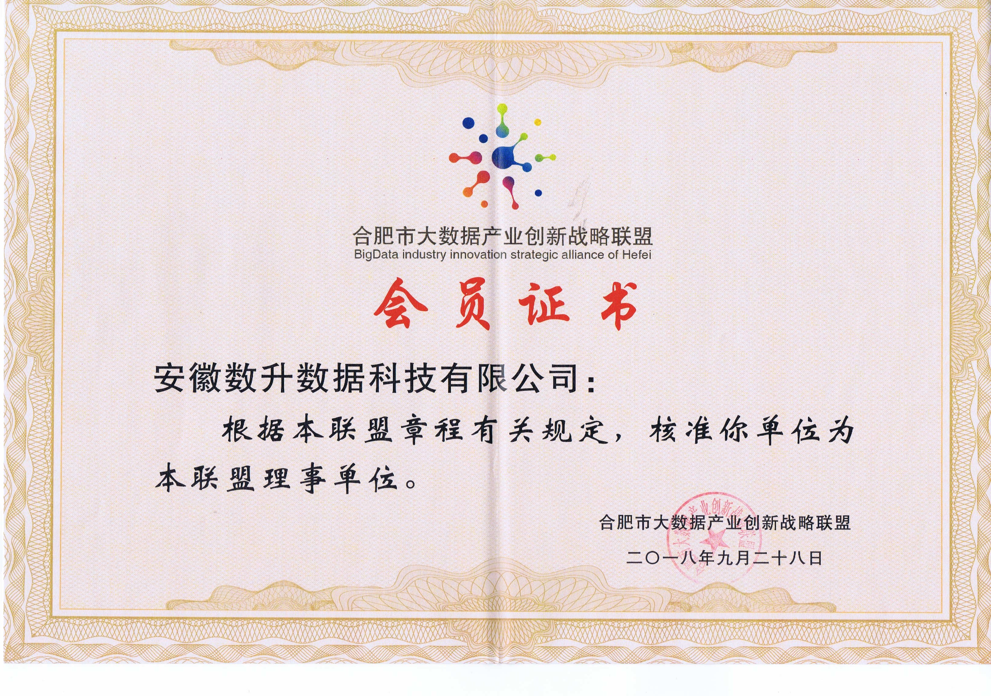 6合肥市大数据产业创新战略联盟会员证书
